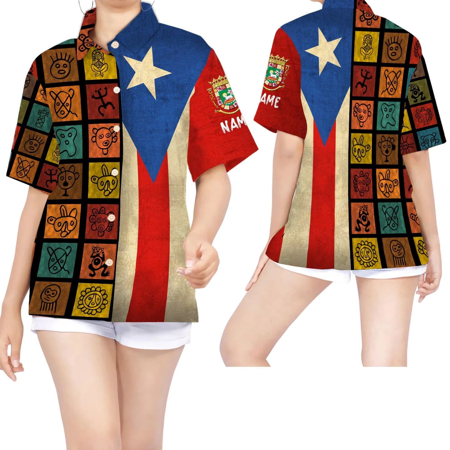 Puerto Rico Vintage Taino Symbols Custom Name Women Hawaii Shirt Ha76410