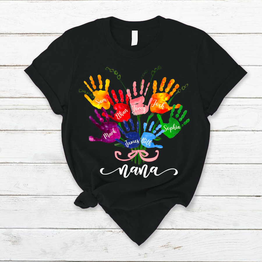 Nana And Grandkids Flower Colorful Hands T-Shirt