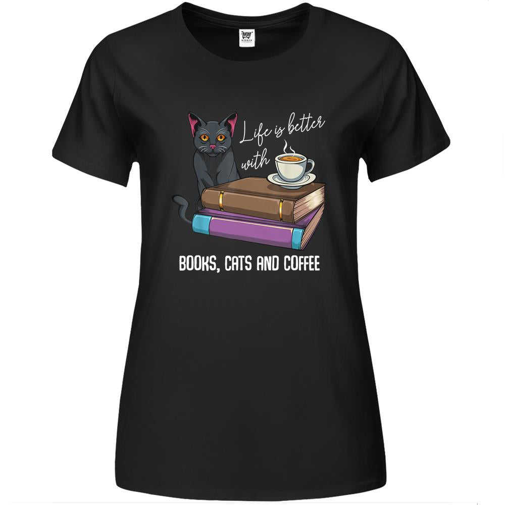 Life Is Better With Books Cats And Coffee Reading Lover Premium Womens T Shirts