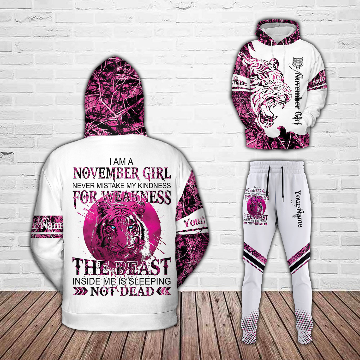 Personalized Name & Birthday Month The Beast Inside Me Is Sleeping Not Dead Tiger Girl Pink White Hoodie – Joggers #241221H