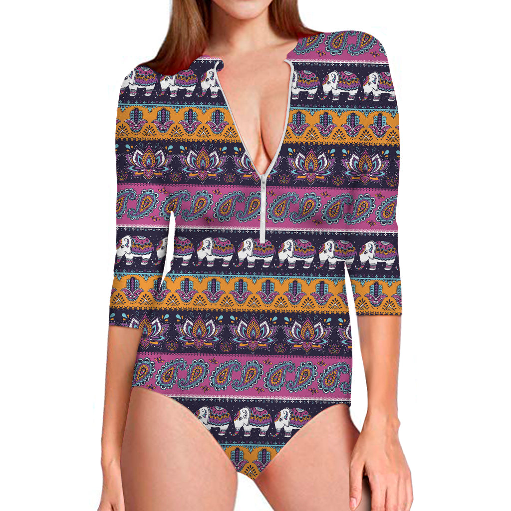 Paisley Elephant Hamsa Pattern Print Long Sleeve One Piece Swimsuit