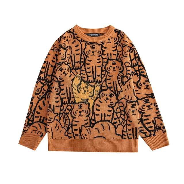 Hip Hop Streetwear Knitted Cartoon Tiger Print Sweater