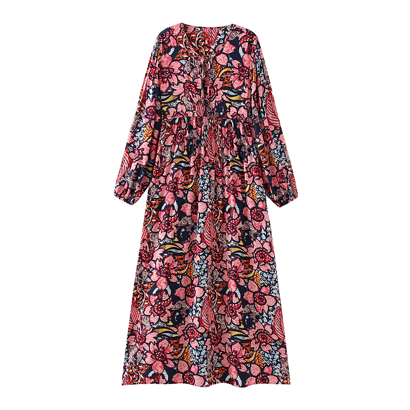 Women Vintage Floral Printed Long Dresses Chic V Neck Lantern Long Sleeve Midi Dress Female Casual Loose Dresses alx