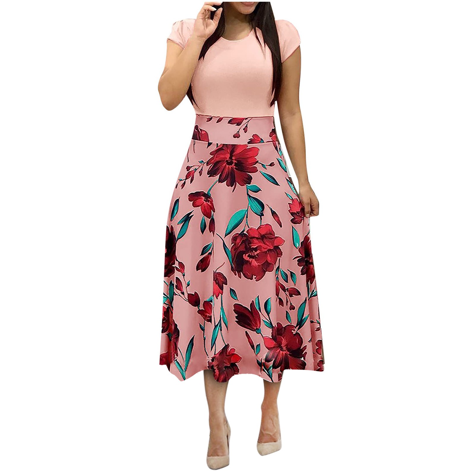 Womens Dresses Summer Short Sleeve Loose Plus Size Dresses Floral Print High Waist Casual Boho Loose Long A-line Dress Maxi alx