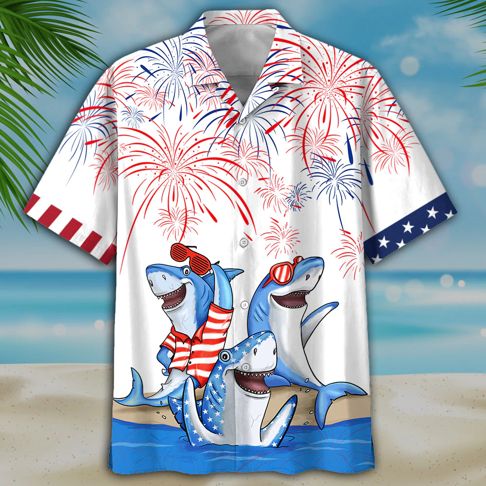 Waybackapparel Independence Day Sharks 3D Hawaiian Shirt