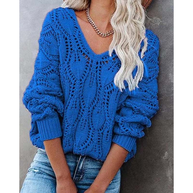 V Neck Sweater 2021 New Fashion Hollow Knitted Sweater Solid Color Long Sleeve Top Autumn Warm Loose Casual Pullovers Tops alx