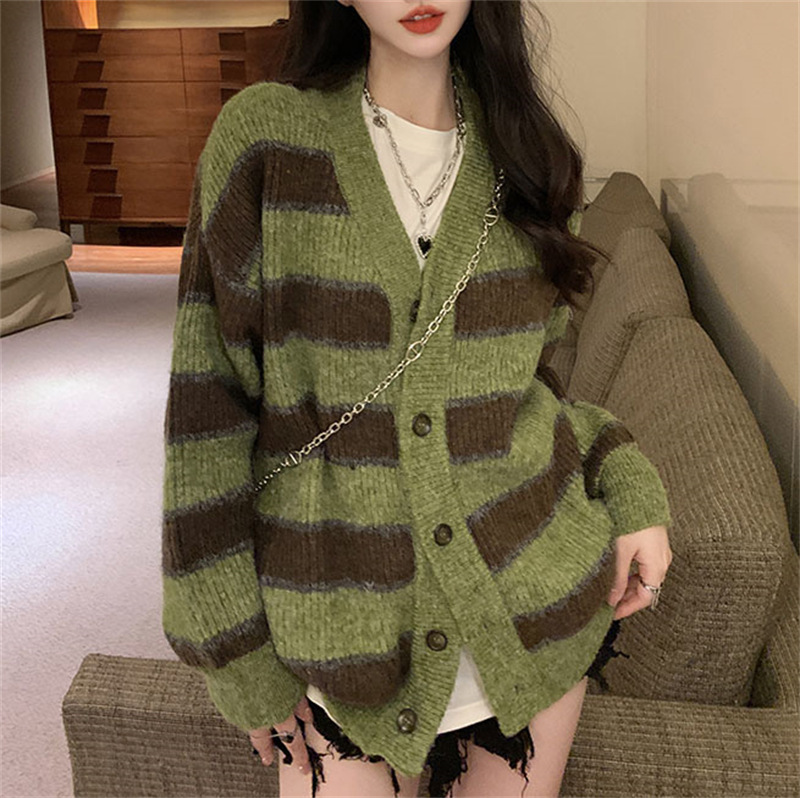 SINGREINY Striped Sweater Green Cardigan Women Loose Design Korean Coat Fashion Ladies Knit Casual Hrajuku Autumn Tops alx