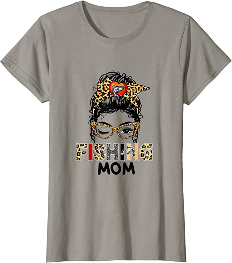 Womens Mom Life Fishing Mothers Day Leopard Messy Bun T-Shirt