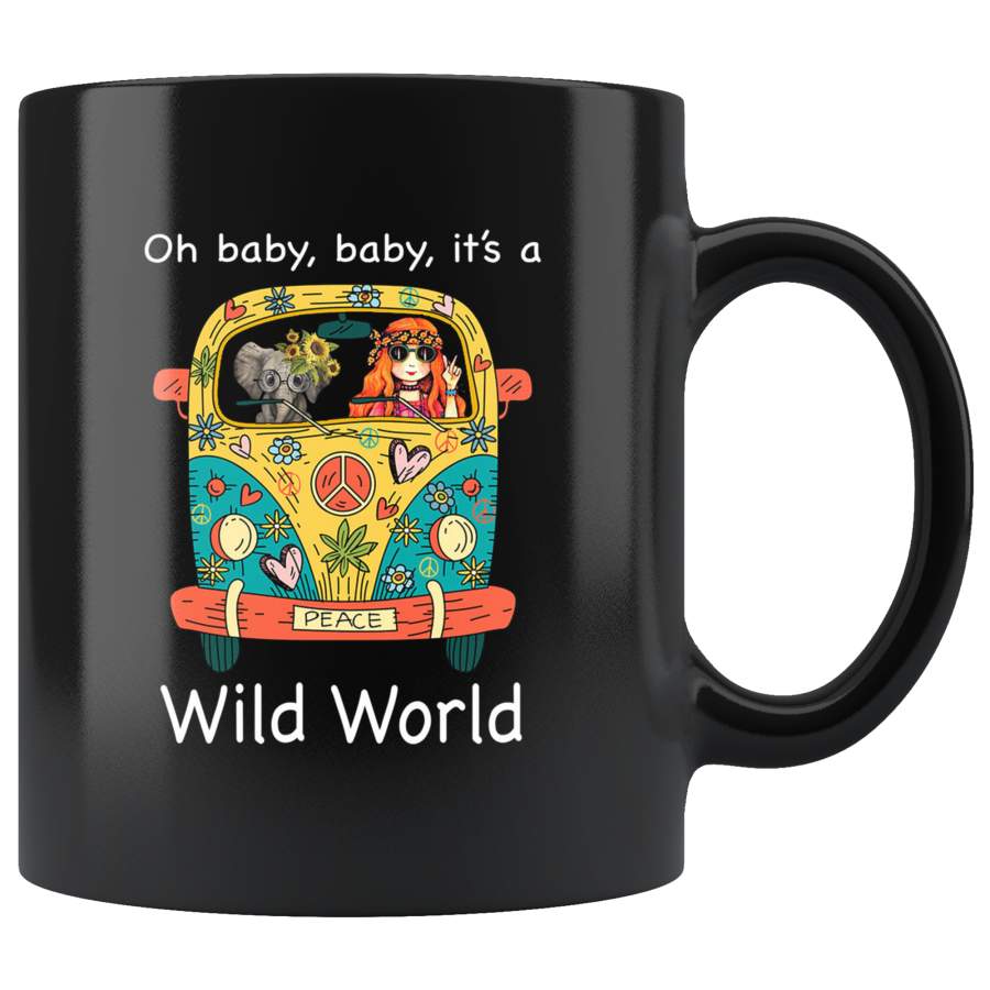 Oh baby it’s a wild world girl elephant in hippie car black coffee mug