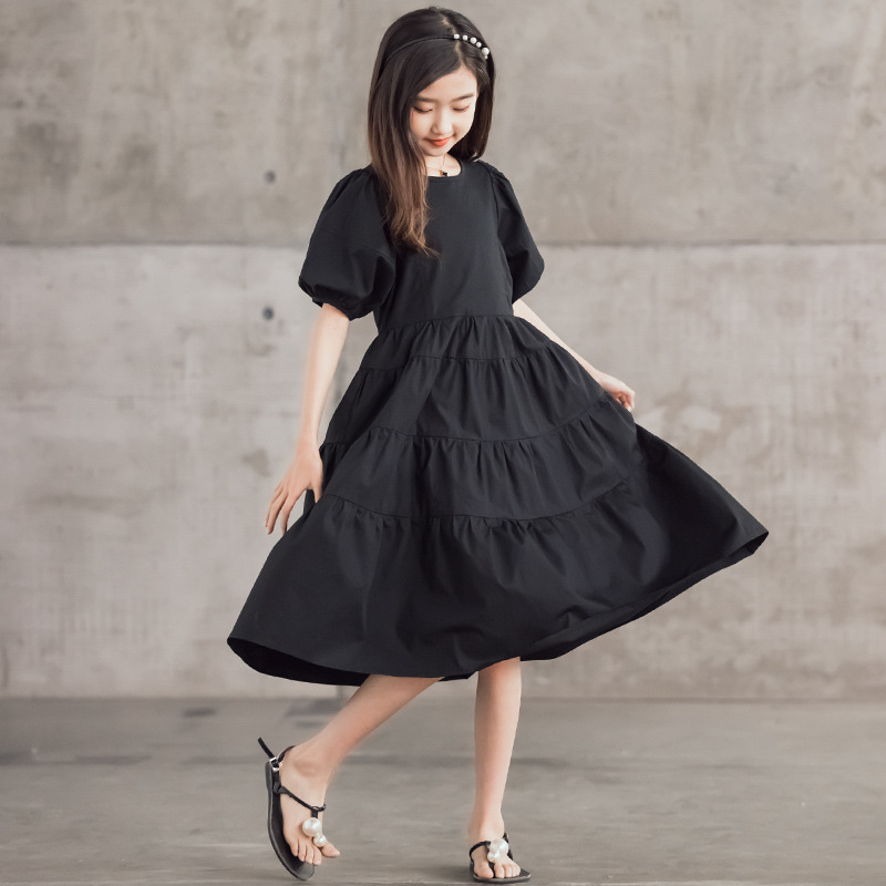 Black/White Girls Cotton Dresses Korean Kids Solid Short Puff Sleeve Princess Midi Dress For Teenager Girls 12 13 14 15 16 Years alx