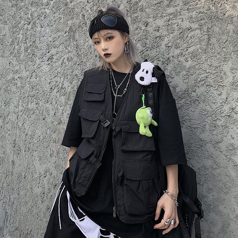 Vests Women Black Cargo Waistcoats Harajuku Korean Style All Match V-neck Zippers Baggy Outwear Unisex Tooling Coats BF Hot Sale alx