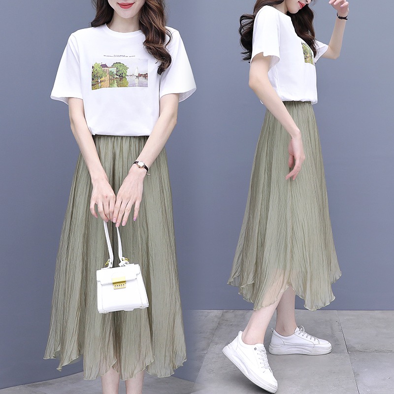 Two Piece suit 2022 summer Womens Outfits Korean Style Dress Suits Short sleeves Printed T-shirt high waist Skirt suit alx