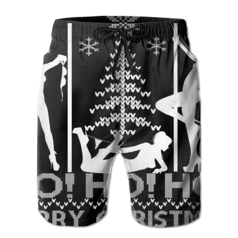 2 Pack Ho Ho Ho Strippers X Mas Ugly Christmas Sweater Poster Men Swim Trunks Drawstring Elastic Waist Quick Dry Beach Shorts with Mesh Lining Swimwear Bathing Suits