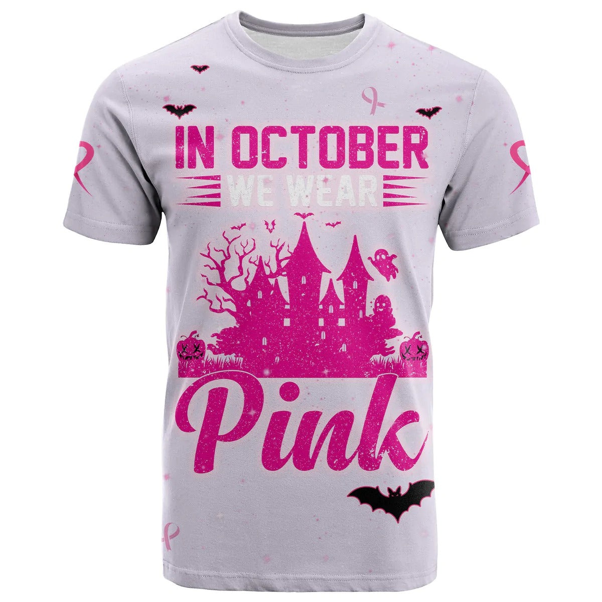 3D All Over Print Breast Cancer T Shirt In October We Wear Pink Halloween Castle Pink