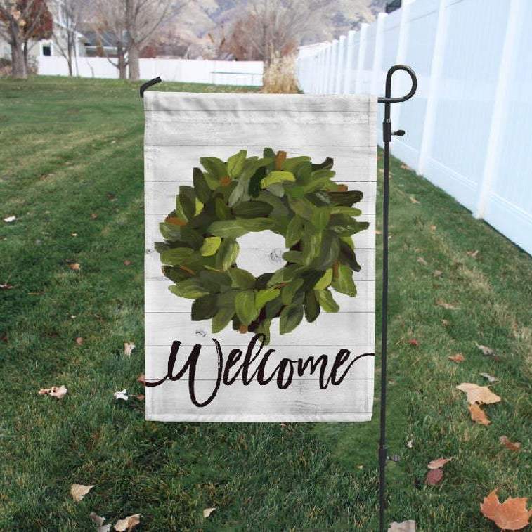 Welcome Magnolia Leaf Wreath Home Decor Yard &Amp; Garden Flag All Over Printed, Garden Flag, House Flag Outdoor Flag Decor