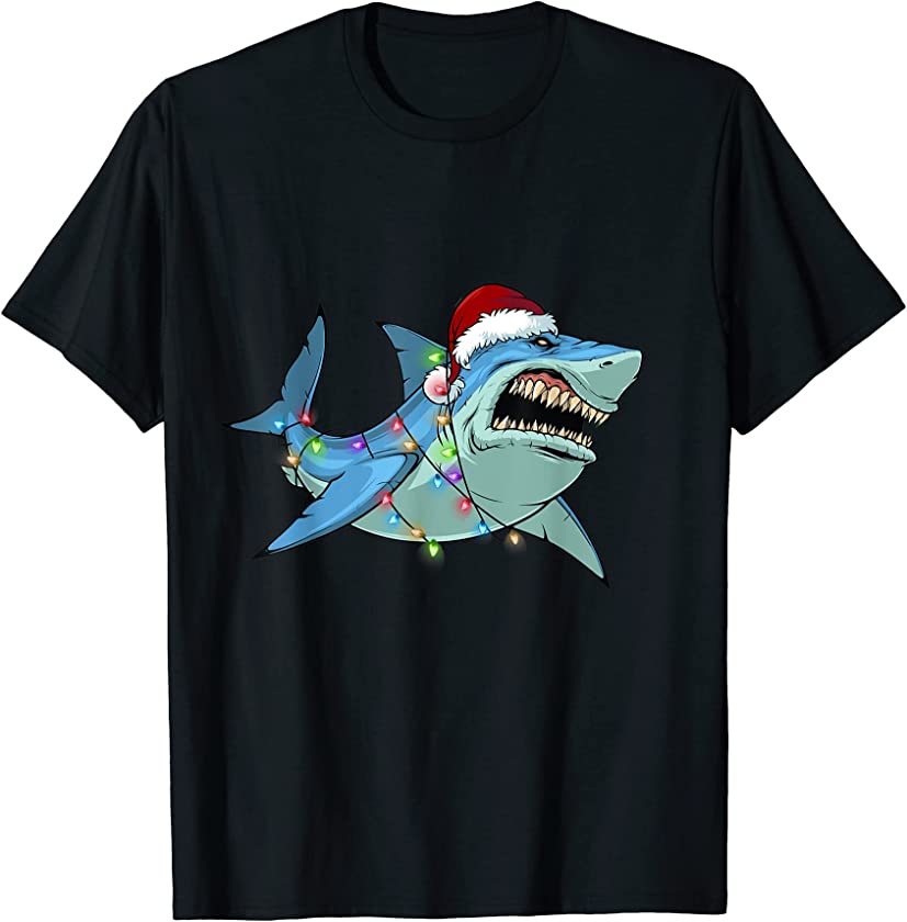 Christmas Pajama Shark Lights Santa Hat For Boys Girls Xmas T-Shirt