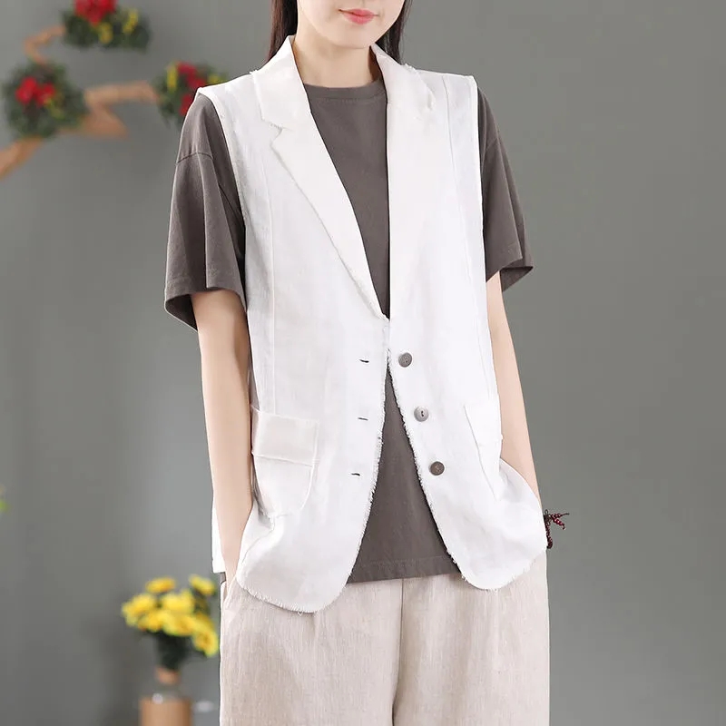 Classic Cotton Linen Suit Collar Vest Women Spring Summer Thin Vintage Waistcoat Solid Single-Breasted Office Sleeveless Jacket alx