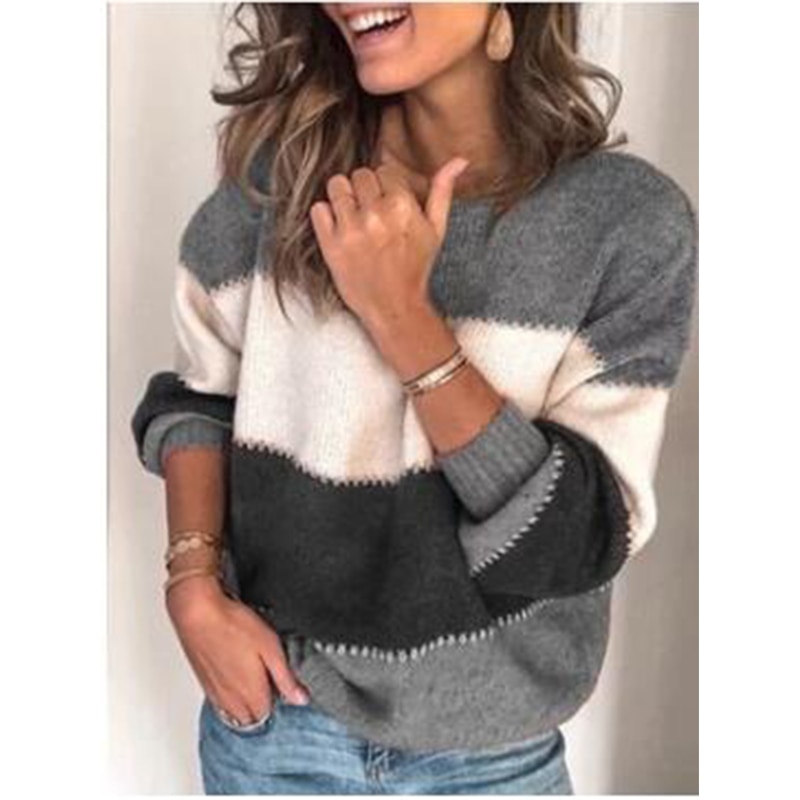 Autumn Winter Round Neck Oversized Striped Casual Sweaters Top Women Loose Fashion All-match Jumper Ladies Simple Thick Pullover alx