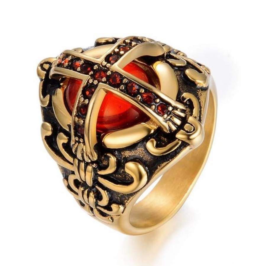 Stainless Steel Knights Templar Cross Rings Red Stone Crusader Shield ...