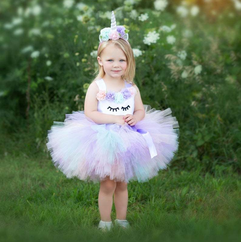 Baby Girls Pastel Unicorn Tutu Dress Kids Crochet Flower Tulle Dress with Hairbow Children Birthday Party Costume Cartoon Dress alx