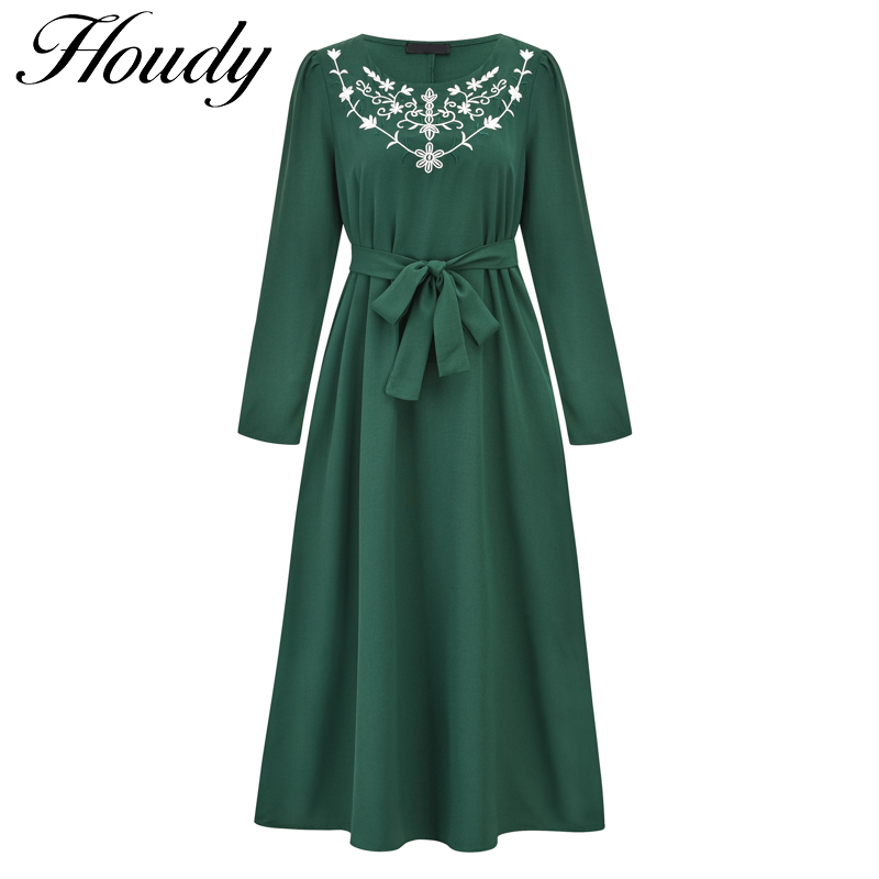 2022 Spring Summer Midi Dress Women Plus Size Green Pattern Embroidered Pleated Long Skirt Belted Wood Long Sleeve Festive Robe alx