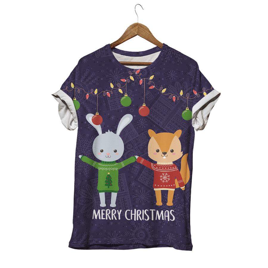 Rabbit And Friend String Lights Flashing Merry Christmas With Gift Box Christmas Rabbit T-shirt