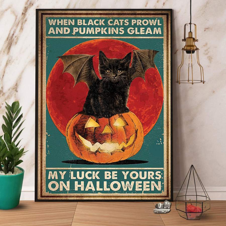 When black cats prowl and pumpkins gleam Halloween paper poster no frame/ wrapped canvas wall decor full size