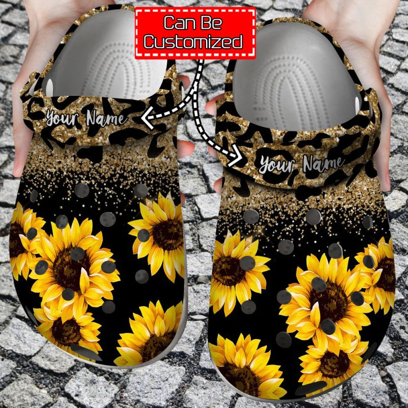 Sunflower – Personalized Sunflowers Glitter Leopard Clog Shoes For Men And Women