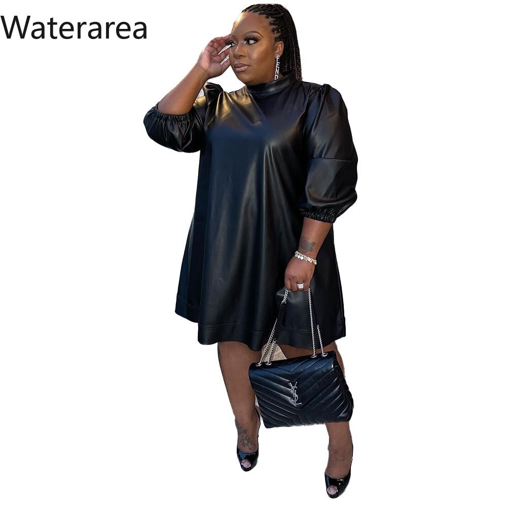 Waterarea Fashion Solid PU Women Dress High Stree Half Sleeves Loose Vestido Vintage Plus Size Dress New Winter African Dress alx