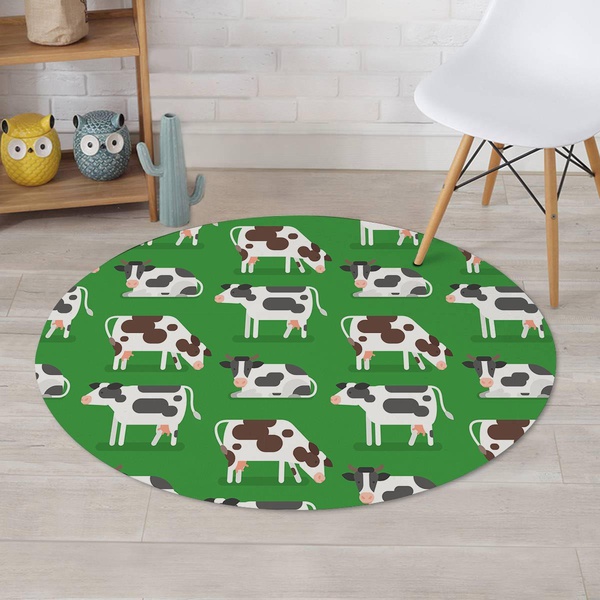 Cow In Green Grass Print Round Rug