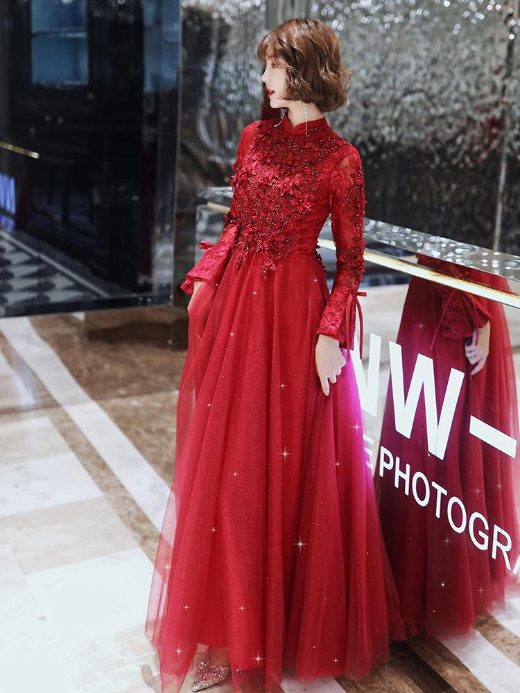 Wine Red Long Sleeve Evening Dresses For Women 2020 Vintage High Neck Luxury Beading Appliques Elegant Formal Gown alx