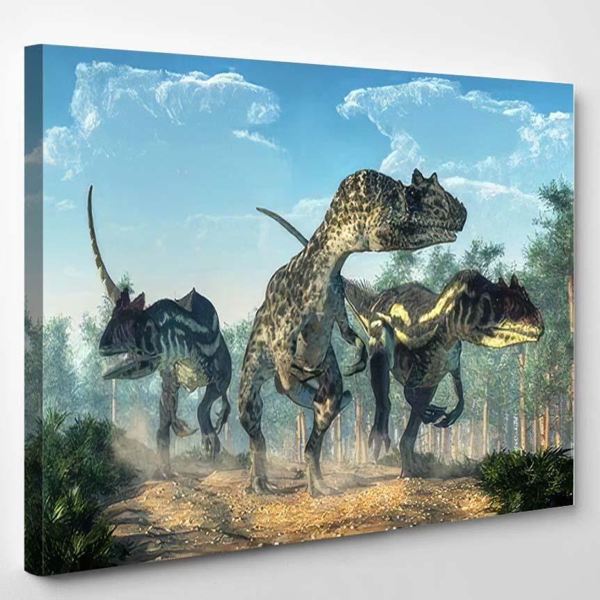 Three Allosauruses Kick Dust They Hunt – Dinosaur Animals Canvas Print