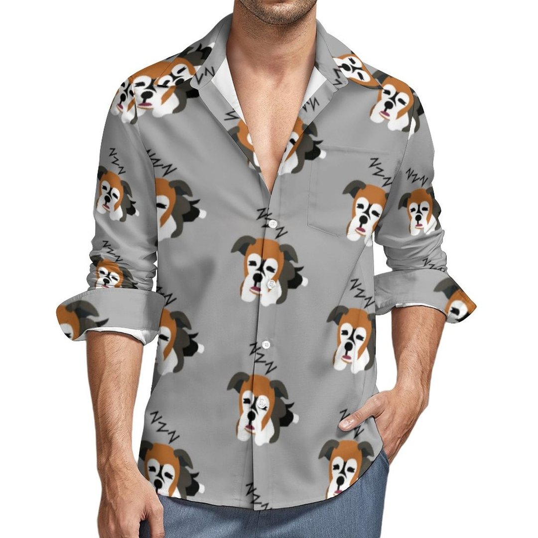 Sleeping Boxer Dog Puppy Animal Lover Zzz Pet Button Down Hawaiian Shirts Mens Long Sleeves Beach Party Casual Hippie Shirt Tops