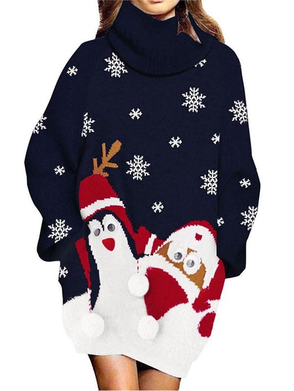 Womens Ugly Christmas Sweater Penguin Turtleneck Sweater Dress