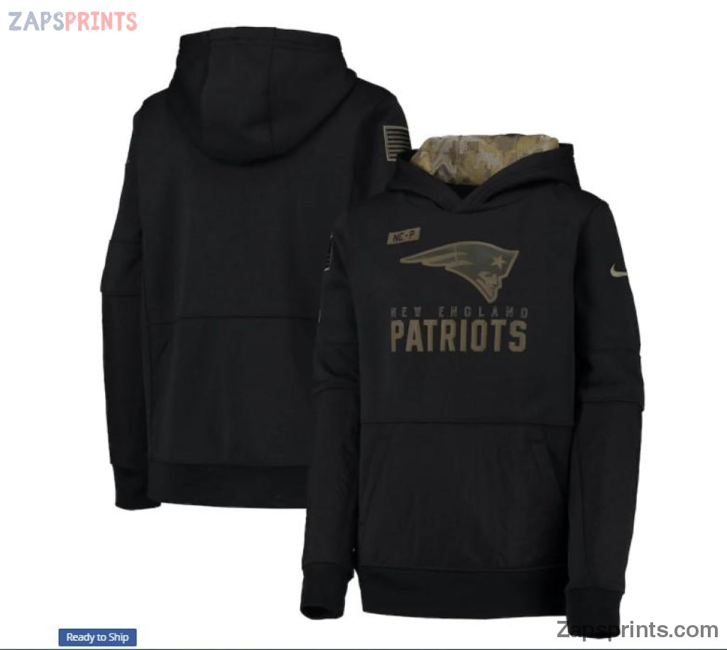 Youth Black New England Patriots 2020 Salute To Service Pullover Performance Hoodie
