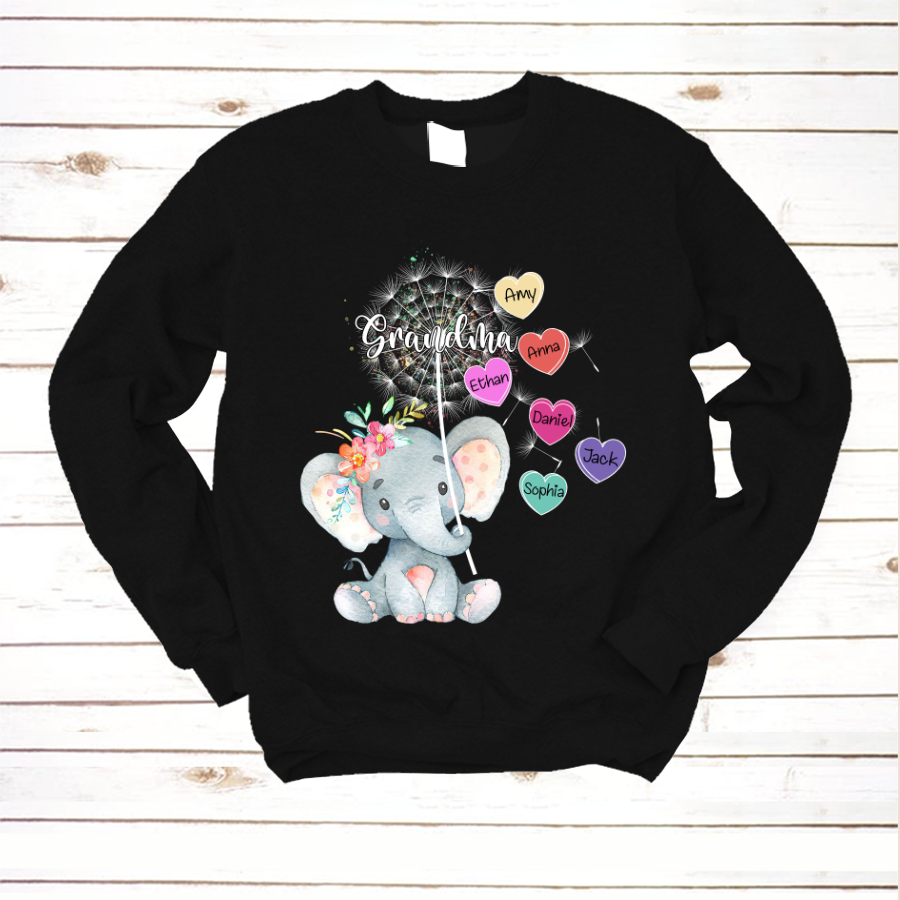 Personalized Grandma Elephant Cute With Grandkids Heart Sweatshirt