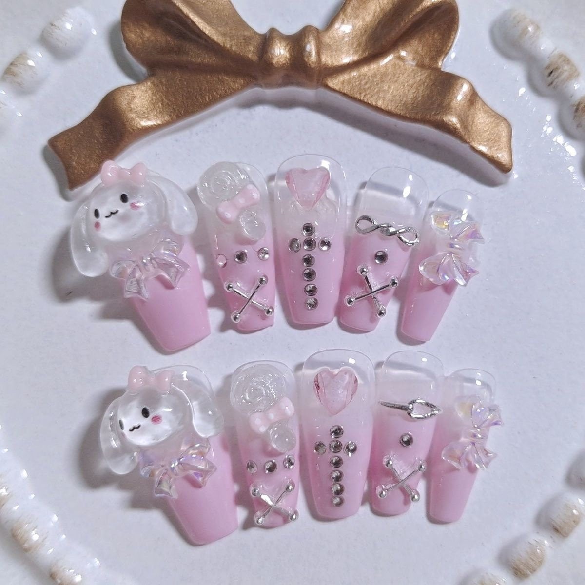 Pink Puppy Press On Nails/ Cute Pink bow Press On Nails Cute Nails Melody Nails Gel Nails Y2K Nails Kawaii Nails Japanese Princess nail #136