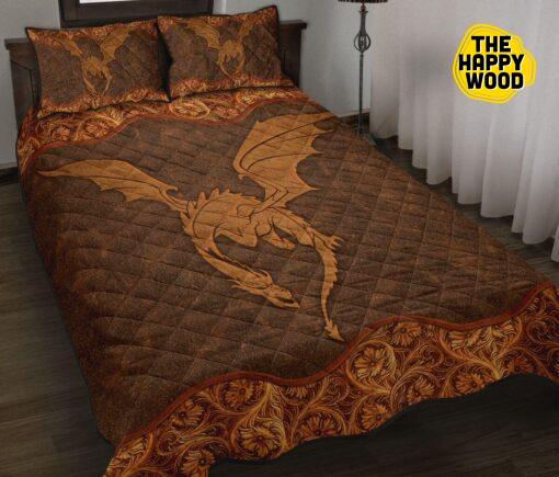 Dragon Leather Flower Brown Quilt Bed Set And Pillow Covers