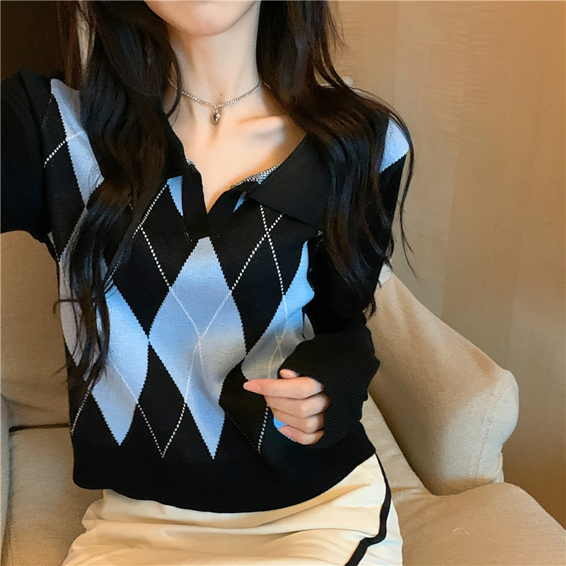 Autumn Winter New Polo Collar Argyle Thick Sweater Pullovers Women 2021 Loose Cashmere Sweater Pullover Female Long Sleeve 17455 alx