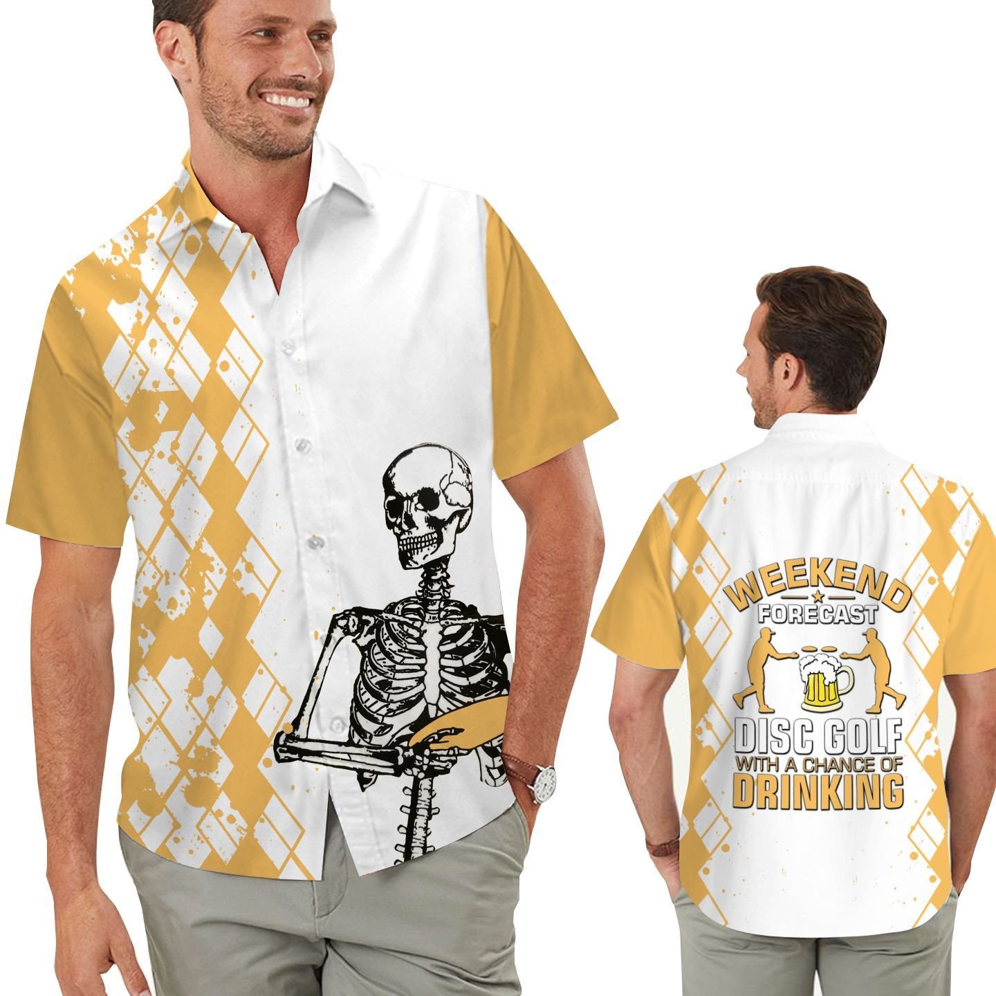 Weekend Forecast Disc Golf With A Chance Of Drinking Skeleton Men Hawaiian Shirt For Sport And Beer Lovers – Craft Beer Gift