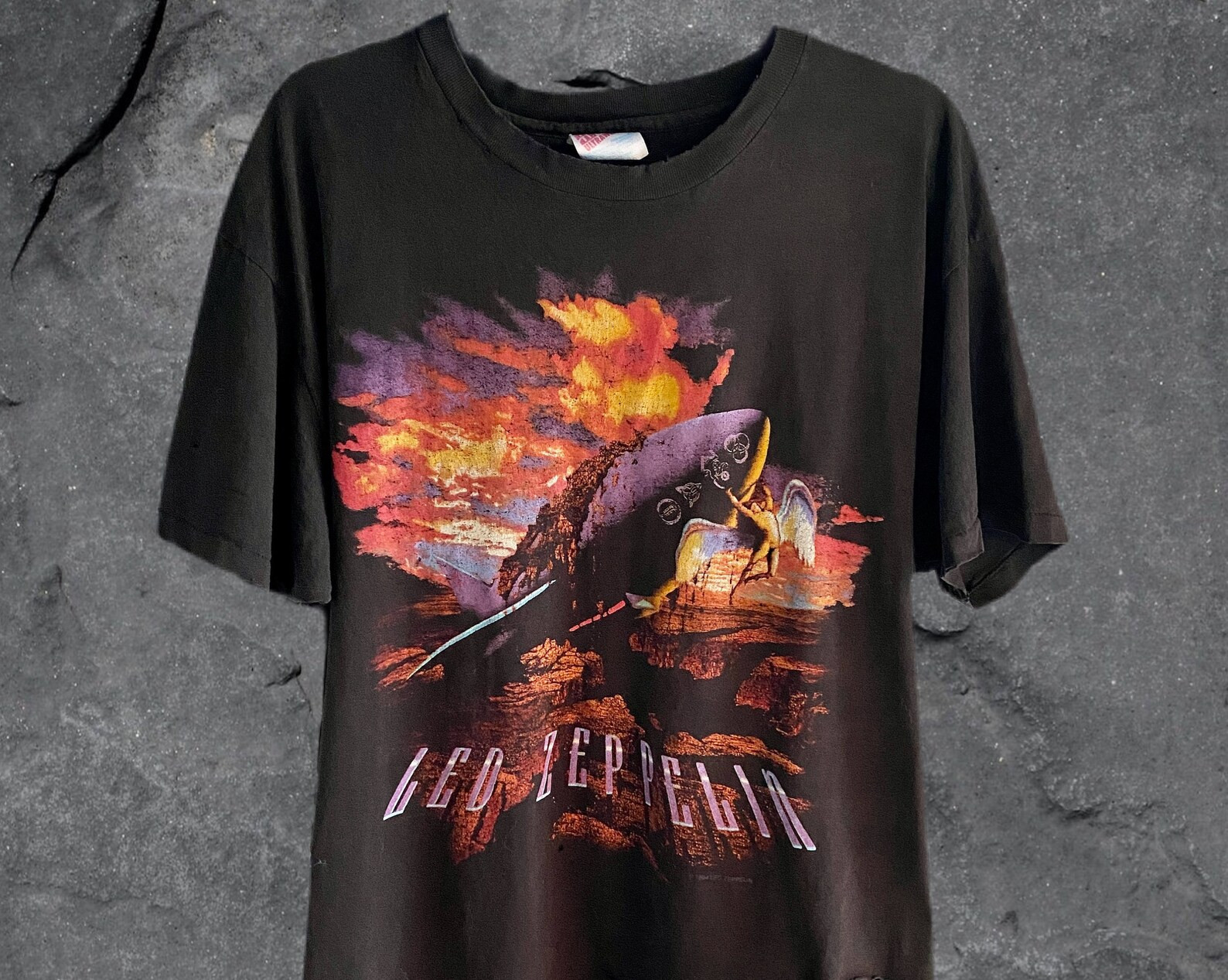 Vintage Led Zeppelin Distressed Front Back Graphic Tee Thrashed Vtg 90S Led Zepellin Tshirt Winterland Flaming Blimp On Fire Holes Tee