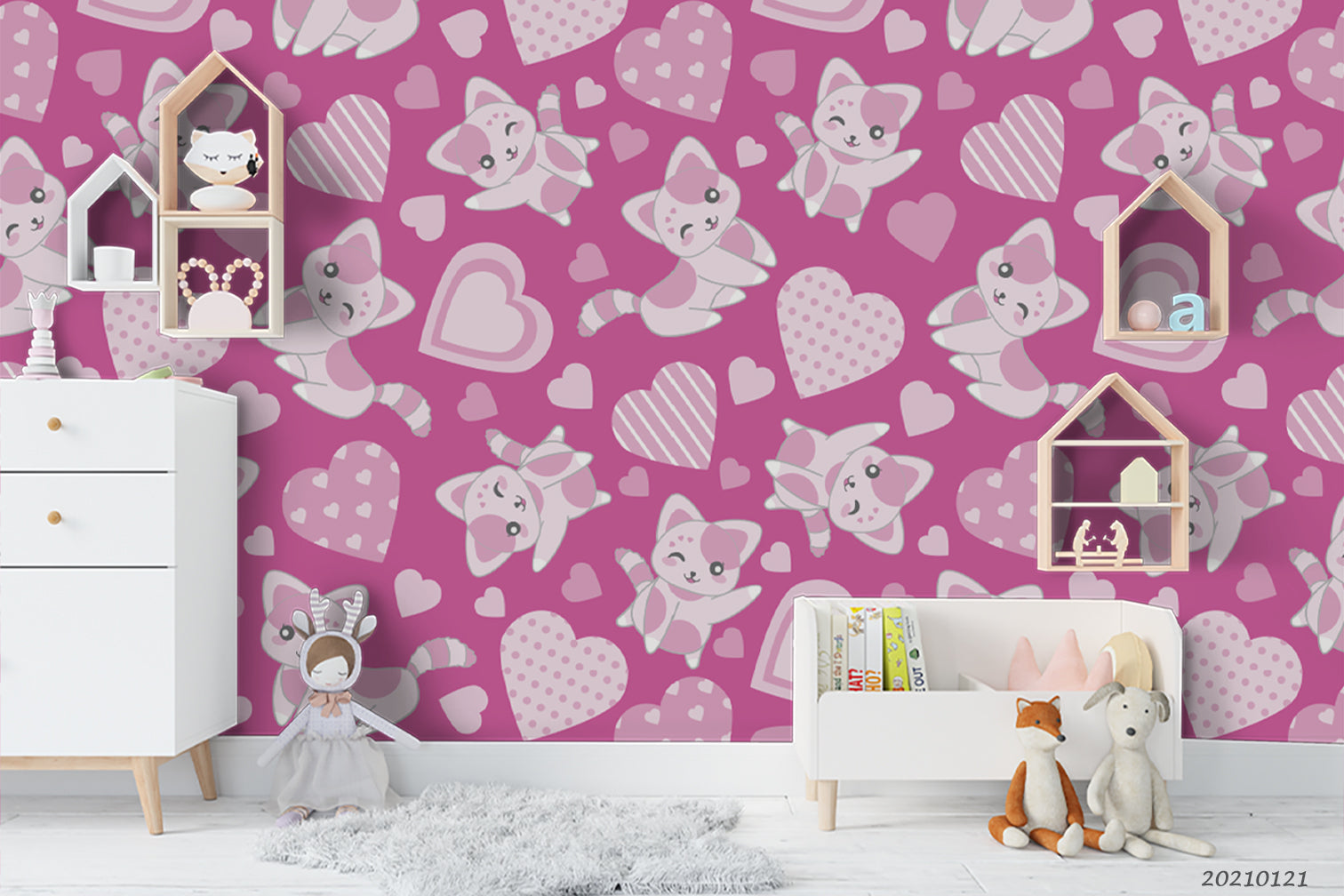 3D Hand Drawn Animal Cat Pink Love Wall Mural Wallpaper Lqh 13