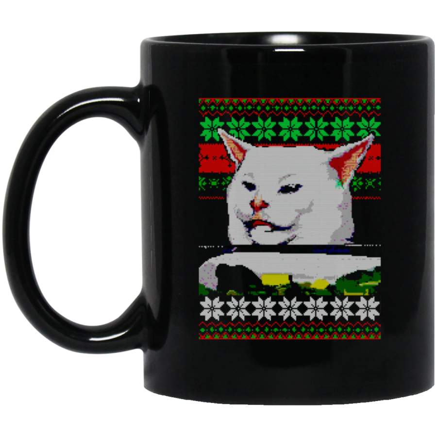 Woman Yelling at a Cat Ugly Christmas Sweater Meme Tee 11 oz Black Mug