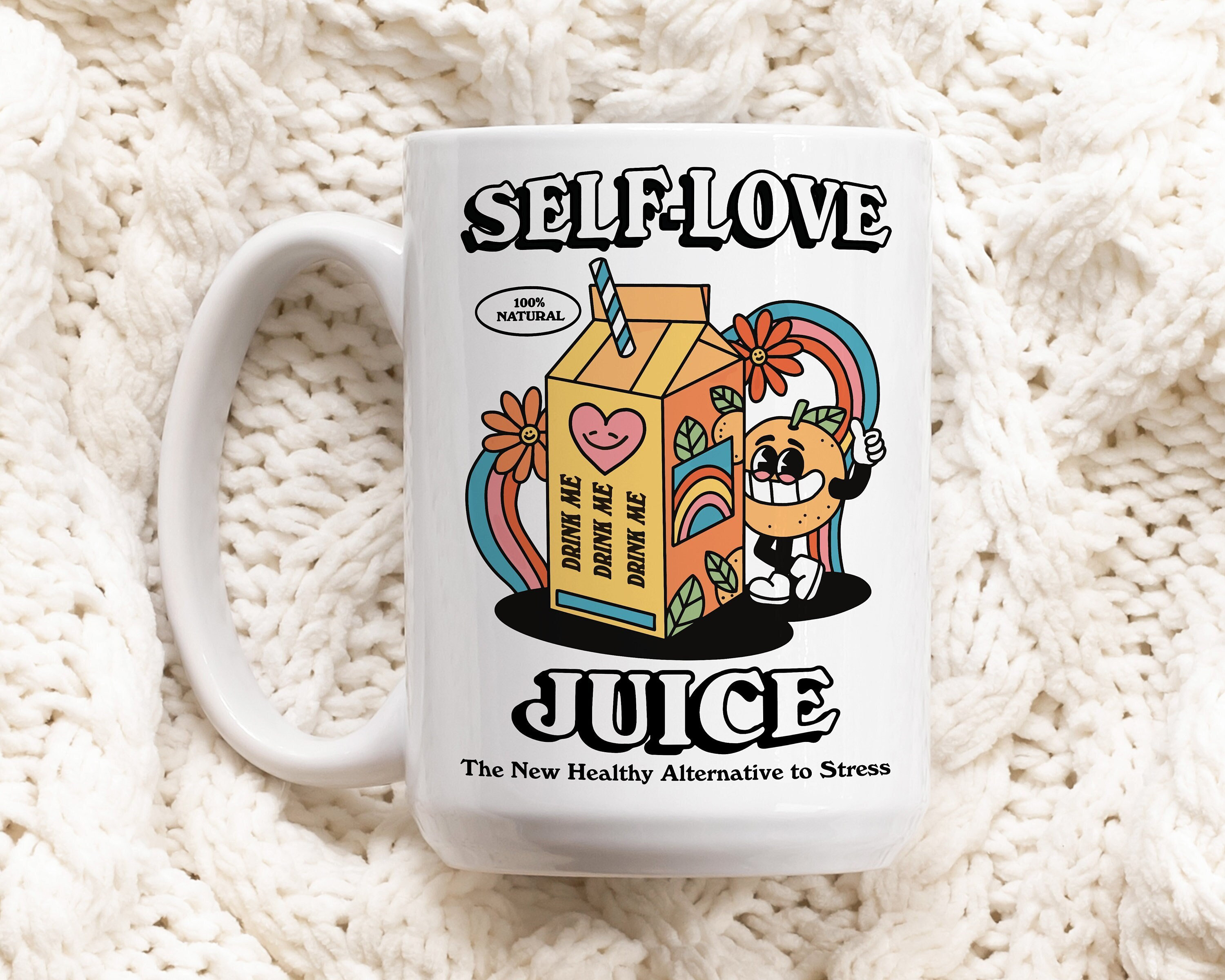 Retro Self Love Juice Coffee Mug, Groovy Colorful Mug, Coffee Lover Gift Idea, 80s Retro Quote, Artist Gift Mug, Aesthetic Ceramic Cup