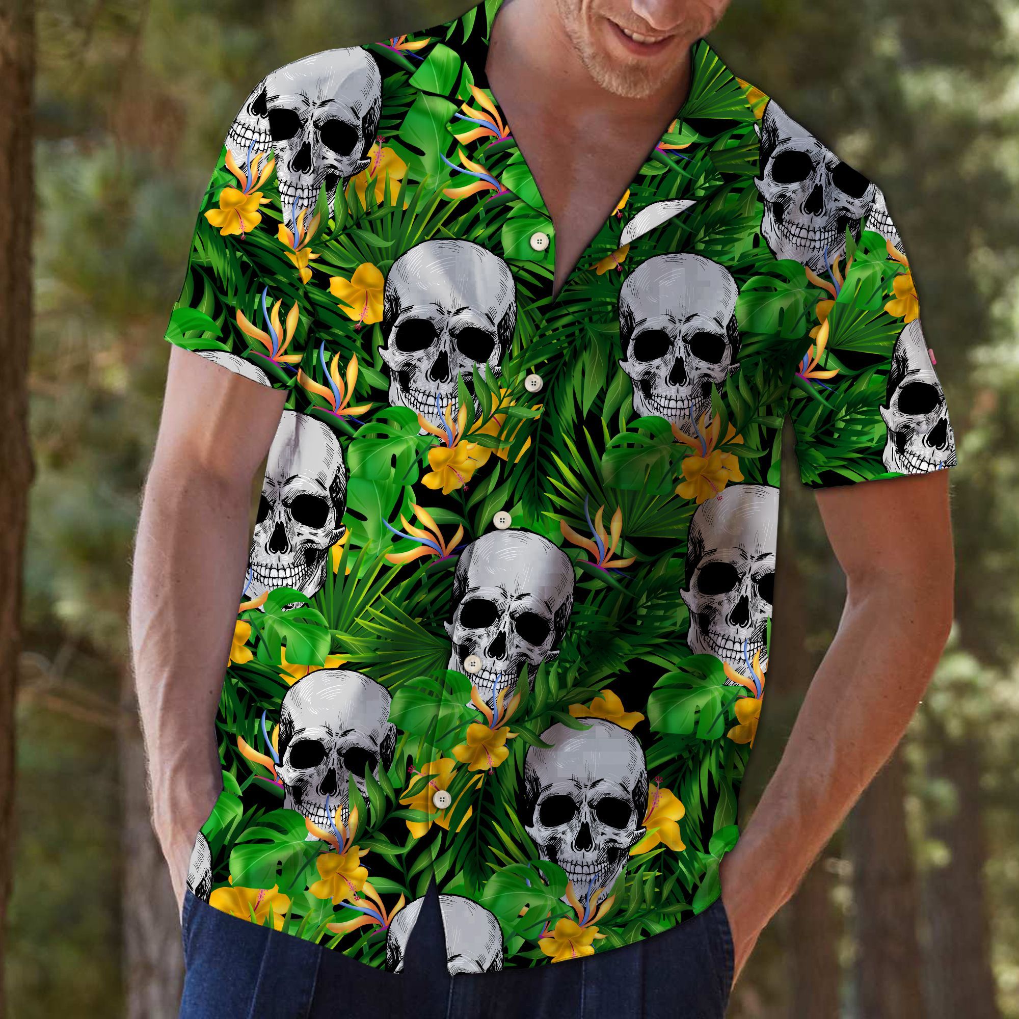 Skull Tropical Wild Flower Hawaiian Shirt For Men, Hawaiian Shirt For Women, Aloha Shirt, Hawaii Shirt