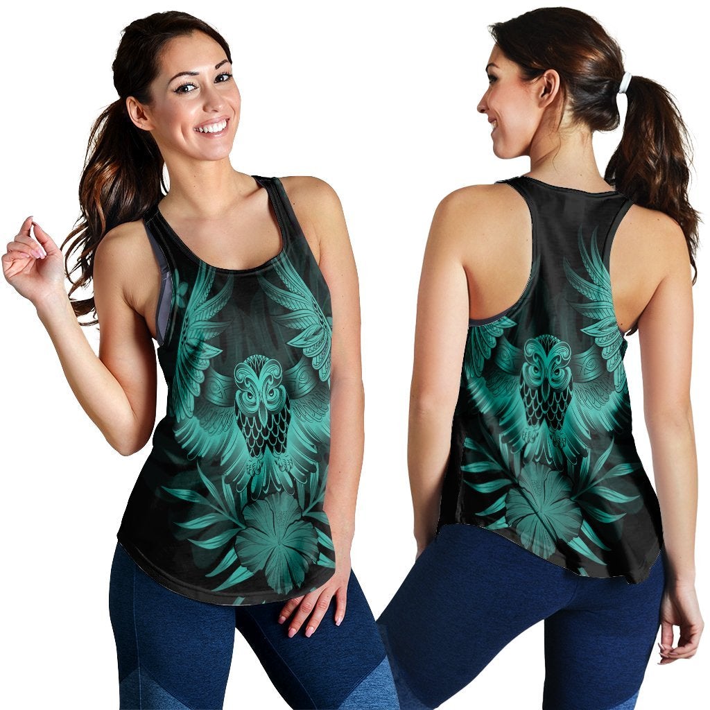 Hawaii Owl Hibiscus Plumeria Polynesian Racerback Tank Turquoise Ah Ha10329