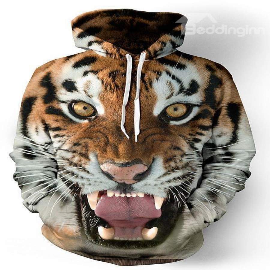 Fashion Long Sleeve Tiger Face Tooth Front Pocket Pattern 3D Painted Hoodie