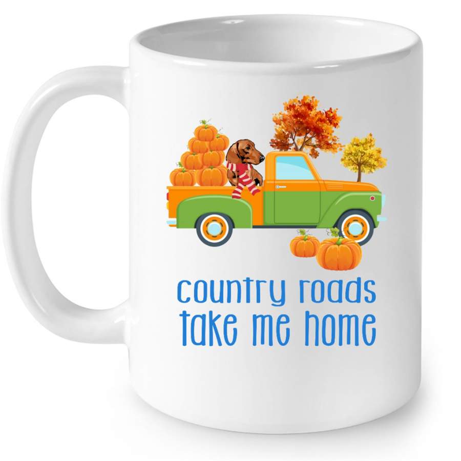 Country Roads Take Me Home Dachshund Dog Fall Season Vintage Car Pumpkin – Full-Wrap Coffee White Mug