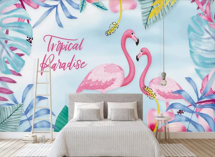 3D Tropical Leaf Animal Flamingo Wall Mural Wallpaper Lqh 534