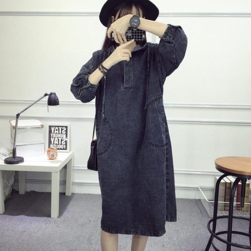 Vintage Loose Hooded Long Sleeve Denim Dress